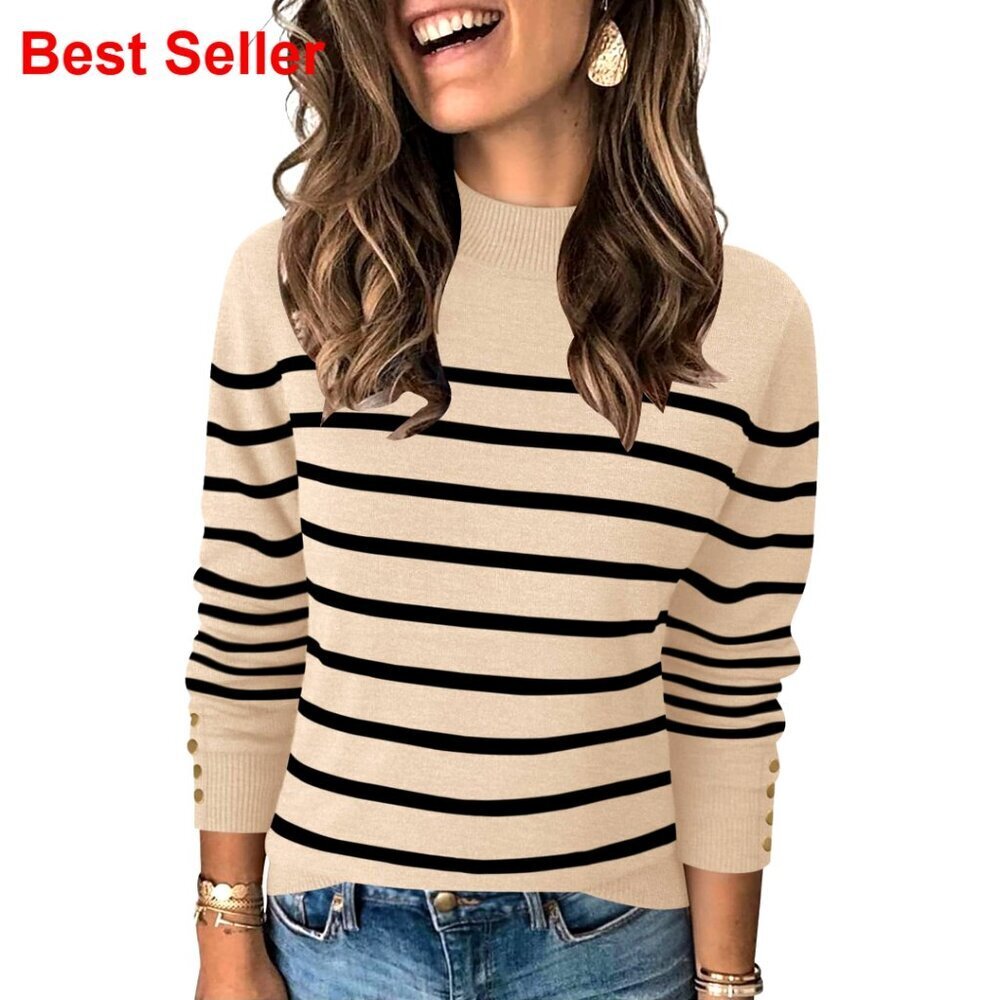 Mock Neck Long Sleeve Pullover Sweater with Button Cuffs Lightweight Knit